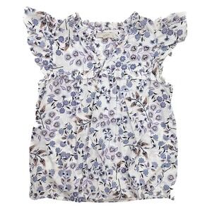 LOFT White & Blue Floral Cap Sleeve V Neck Cotton Blouse Women's Size Medium